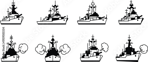 Collection of minimalist warship vector icons depicting battleships in various views and combat scenarios perfect for strategy games and military infographics