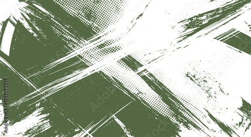Olive Green Distressed Background with Grunge Brush Strokes and Halftone Texture