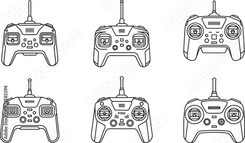 Set of diverse RC drone remote controllers featuring a minimalist line art vector illustration style suitable for technology articles app development and gaming interfaces