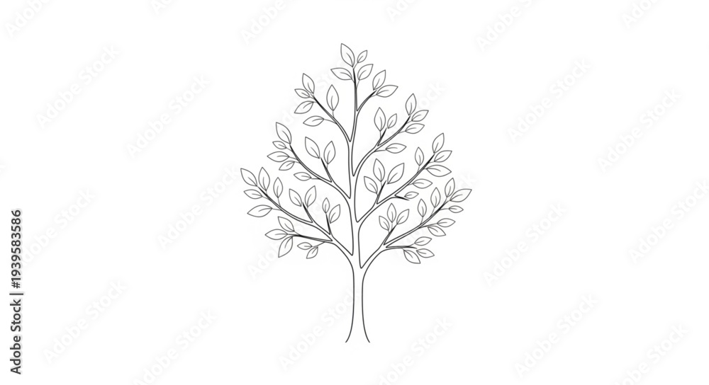 Obraz premium Minimalist Line Drawing of a Tree with Branches and Leaves.