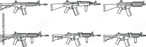 Set of various assault rifle line art illustrations featuring different firearm models for military and security concepts isolated on white