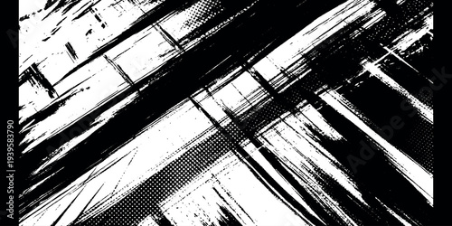 Monochrome Abstract Background with Bold Brush Strokes and Halftone Texture
