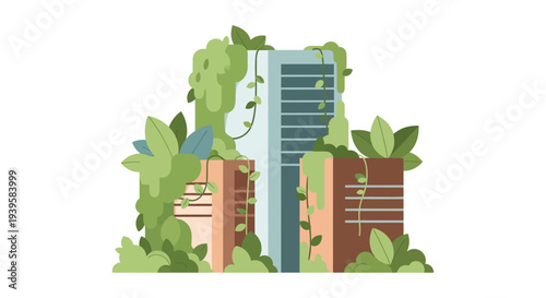 Nature Reclaims Urban Landscape: Buildings Overgrown with Lush Greenery and Vines Illustration