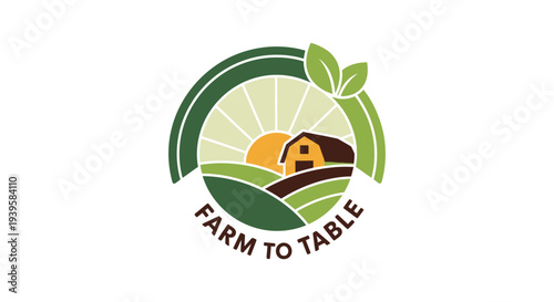 Farm to Table Logo Vector - Organic, Local & Sustainable Food Concept with Barn & Fields