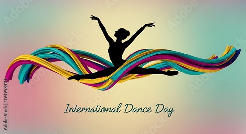 Silhouette dancer leaping with vibrant rainbow ribbons on International Dance Day pink background