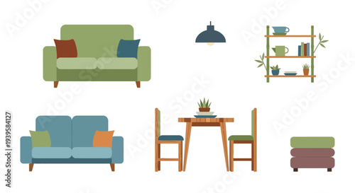 Flat Design Home Furniture & Decor Vector Set: Modern Sofas, Dining Table, Shelf, & Lighting Elements for Interior Design Projects
