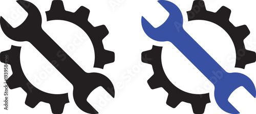 Gear and Wrench Icons: Two stylized graphic icons, one black and the other blue, represent the essential tools of industry and maintenance, the gear symbolizing mechanics, industry.