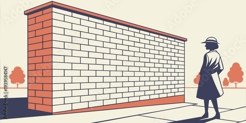 Minimal urban city scene with woman walking near long brick wall and autumn trees. Clean flat vector illustration representing daily street life and modern urban environment.