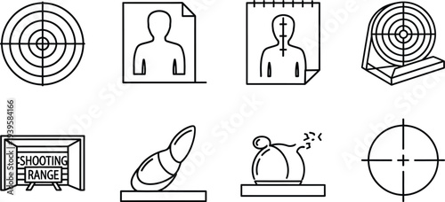 A set of minimalist line art vector icons featuring shooting targets user profiles and diverse conceptual symbols ideal for web design app interfaces and business presentations