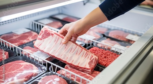 Person selecting raw meat from refrigerator.