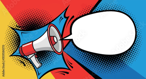 Megaphone with Blank Comic Speech Bubble: Pop Art Vector Illustration for Marketing, Breaking News Announcements, and Colorful Advertising Call to Action