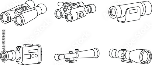 Collection of various optical devices including binoculars monoculars and scopes presented as detailed line art vector illustrations isolated on white
