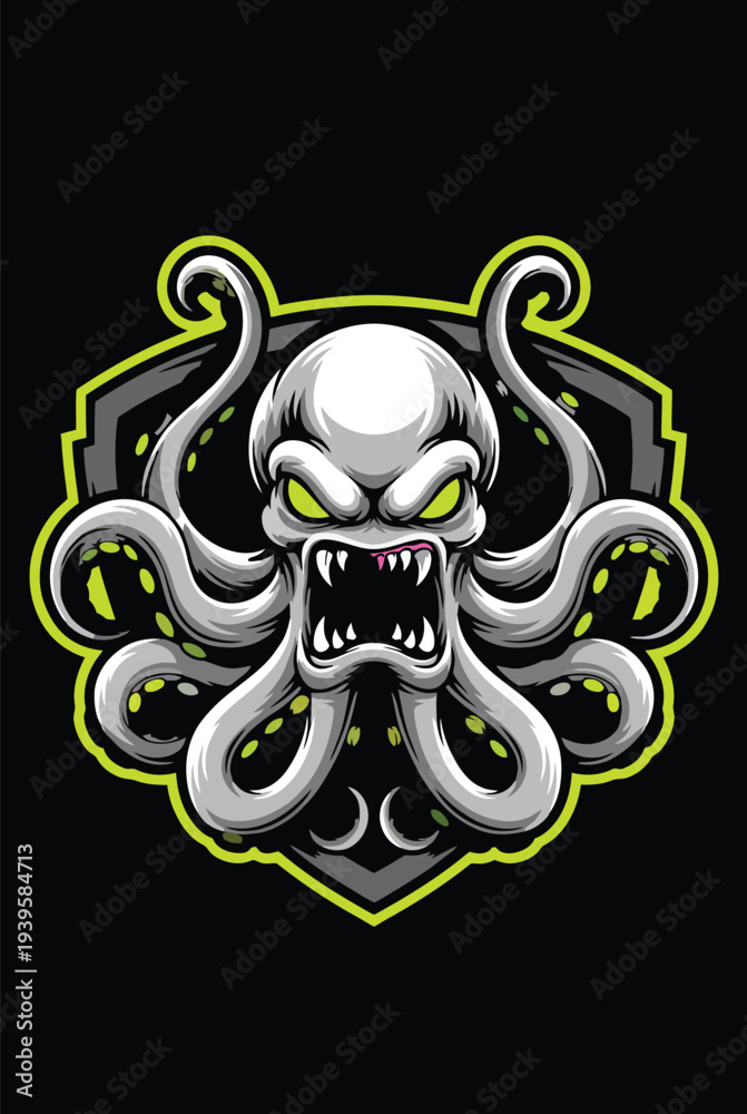 Fototapeta premium Cthulhu, monster, octopus, skull, gaming logo, vector