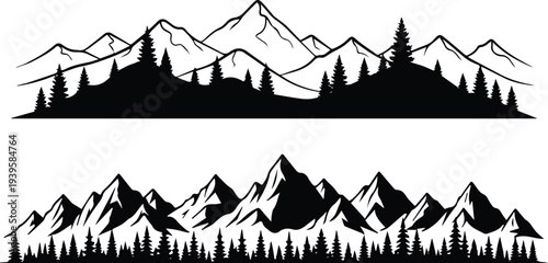 Set of 2 Black and White Mountain Range Landscape Vector Illustrations with Pine Trees and Rocky Peaks for Outdoor Adventure Designs