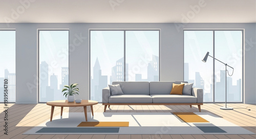Modern Living Room Interior with Large Windows and Comfortable Sofa.
