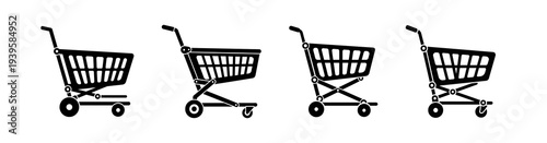 Collection of four shopping cart icons representing various styles and designs of retail trolleys for e-commerce and store navigation
