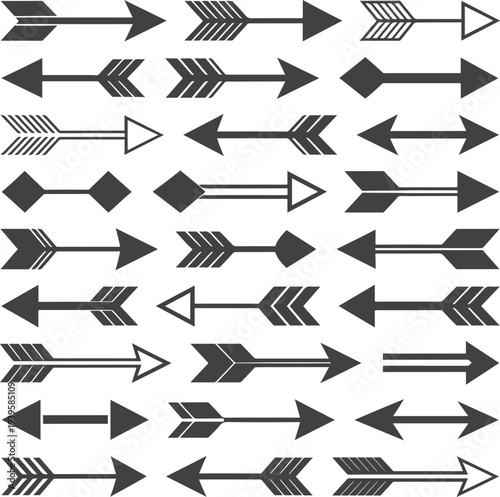 Set of Arrow Icons and Simple Arrowhead Vector Pattern in Gray Direction Symbols Collection.