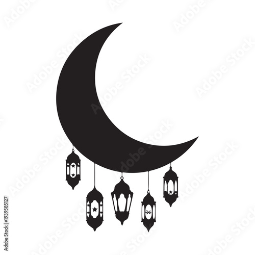 Crescent moon and lanterns silhouette isolated on white background for ramadan kareem design