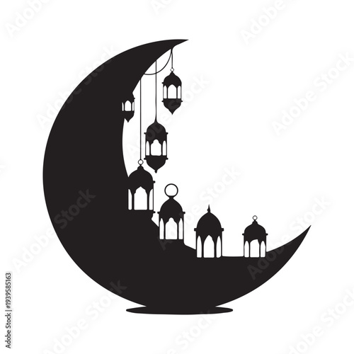 Crescent moon and lanterns silhouette isolated on white background for ramadan kareem design