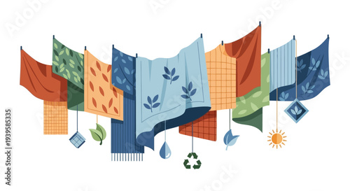 Sustainable Textile Production and Eco-Friendly Laundry Concept. Colorful Fabrics with Recycling, Water Drops, and Leaves Drying on a Line.