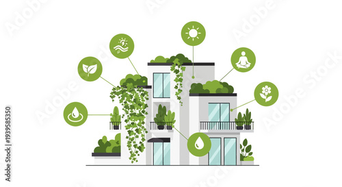 Sustainable Urban Living: Modern Green Building with Eco-Friendly Design and Wellbeing Icons