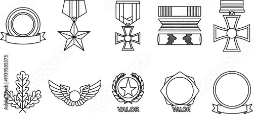 Diverse set of military medals valor badges and honor insignia outline icons perfect vector elements for patriotic designs and recognition concepts
