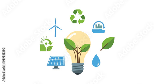 Sustainable Energy & Environmental Protection Icons. Green Solutions for Renewable Power, Recycling & Eco-Friendly Living with Nature Elements.