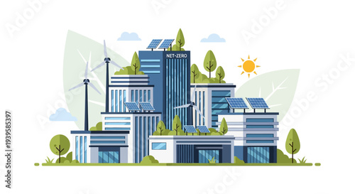 Sustainable Net-Zero City Concept with Green Buildings, Solar Panels, and Wind Turbines. Eco-friendly Urban Landscape Vector Illustration.