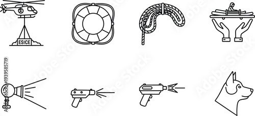 A versatile set of outline vector icons depicting various concepts such as rescue technology and animals suitable for modern web and mobile app interfaces