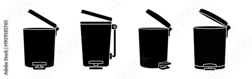 A sleek collection of modern waste disposal bins, showcasing various designs with open lids for efficient refuse management and household cleanliness solutions