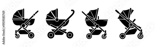 Collection of various baby stroller and pram silhouettes, showcasing different configurations for infant transport in a clean, modern vector icon style