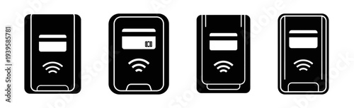 Modern vector icons representing various contactless payment terminals and card readers, illustrating secure electronic transactions and advanced financial technology