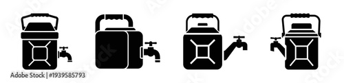 Set of four black and white icons representing different types of water cans with spigots, perfect for illustrating concepts related to water supply, storage, and dispensing in various applications