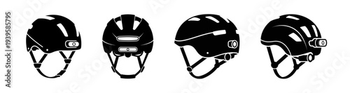 Illustrations of a modern cycling helmet, featuring an integrated light, displayed in various black and white vector views, emphasizing head protection, safety, and visibility for riders