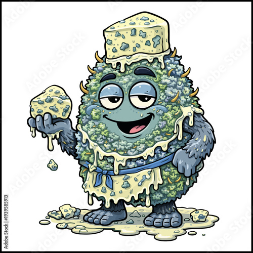 Blue Cheese Cannabis Bud Cartoon Character Holding Cheese Nug