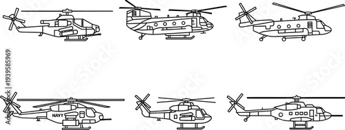 Set of diverse military and transport helicopter vector outlines featuring various models for aviation defense and infographic design projects