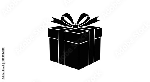 Black gift box with white outline and ribbon on top symbolizing presents and celebrations