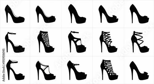 Collection of various black high heeled shoes with different designs on white background