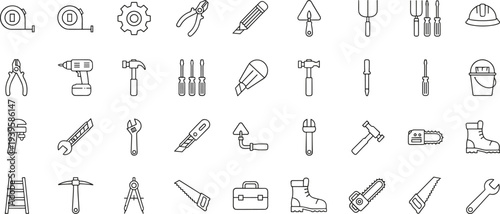 Construction tools icon set, handyman equipment symbols, repair toolkit outline vector collection for workshop, industry, maintenance, web design