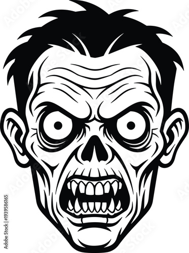 Black and white horror illustration of grotesque zombie face with bulging eyes, skeletal nose, sharp teeth, decayed skin, wrinkled features, and eerie undead expression