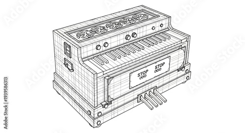 Detailed technical drawing of an industrial control box with buttons and switches on a white background