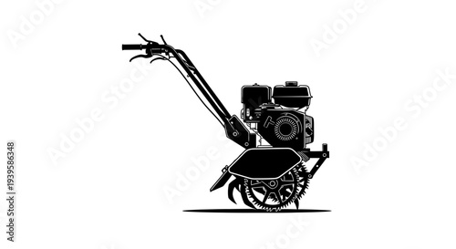 Tiller machine for gardening and landscaping with engine and rotating blades on wheels