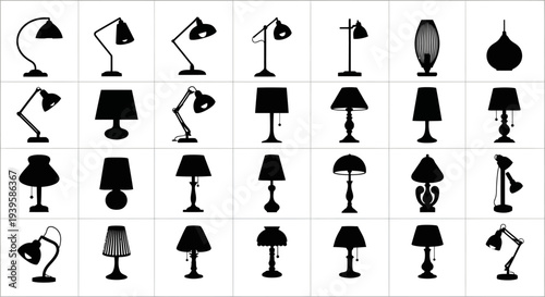 Collection of various black desk lamps and floor lamps in different shapes and designs on white background