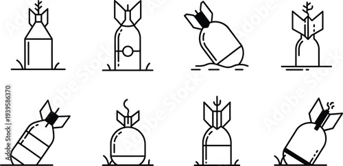 Vector set of minimalist bomb icons depicting themes of war peace and environmental growth suitable for modern digital design projects