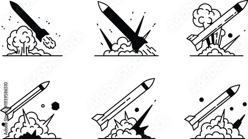 Collection of minimalist rocket and missile icons depicting launch impact and explosion vector illustration for technology and conflict themes