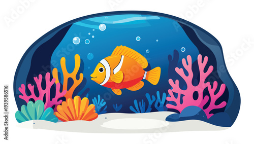 Editable Vector Coral reef, plants, sponge, red corals and small fishes. Watercolor panoramic illustration with underwater landscape for your design wallpapers, invitation cards. illustration