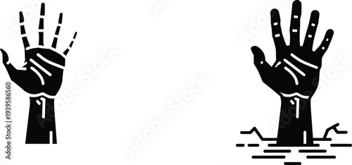 Black and white illustration of raised hands, one fully visible and one partially submerged in water, symbolic artwork representing distress, help, survival, and human struggle