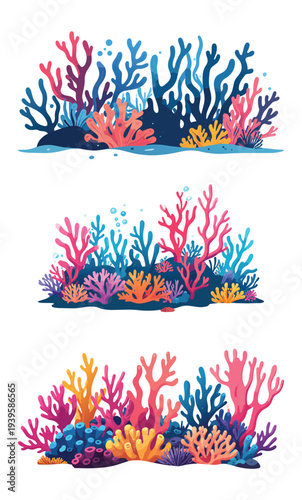 Editable Vector Coral reef, plants, sponge, red corals and small fishes. Watercolor panoramic illustration with underwater landscape for your design wallpapers, invitation cards. illustration