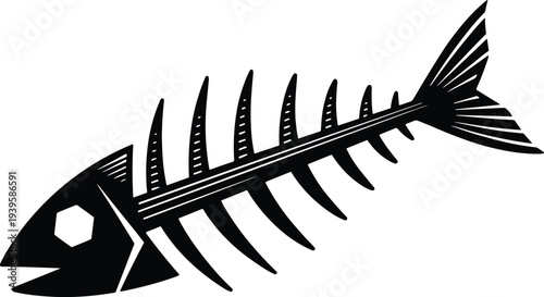 Black and white stylized fish skeleton illustration with bold geometric lines, hexagonal eye, segmented tail fin, ribs, and artistic minimal design for marine-themed artwork