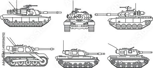 Diverse collection of military tanks presented in a detailed black and white line art style ideal for game development educational materials or defense-related projects